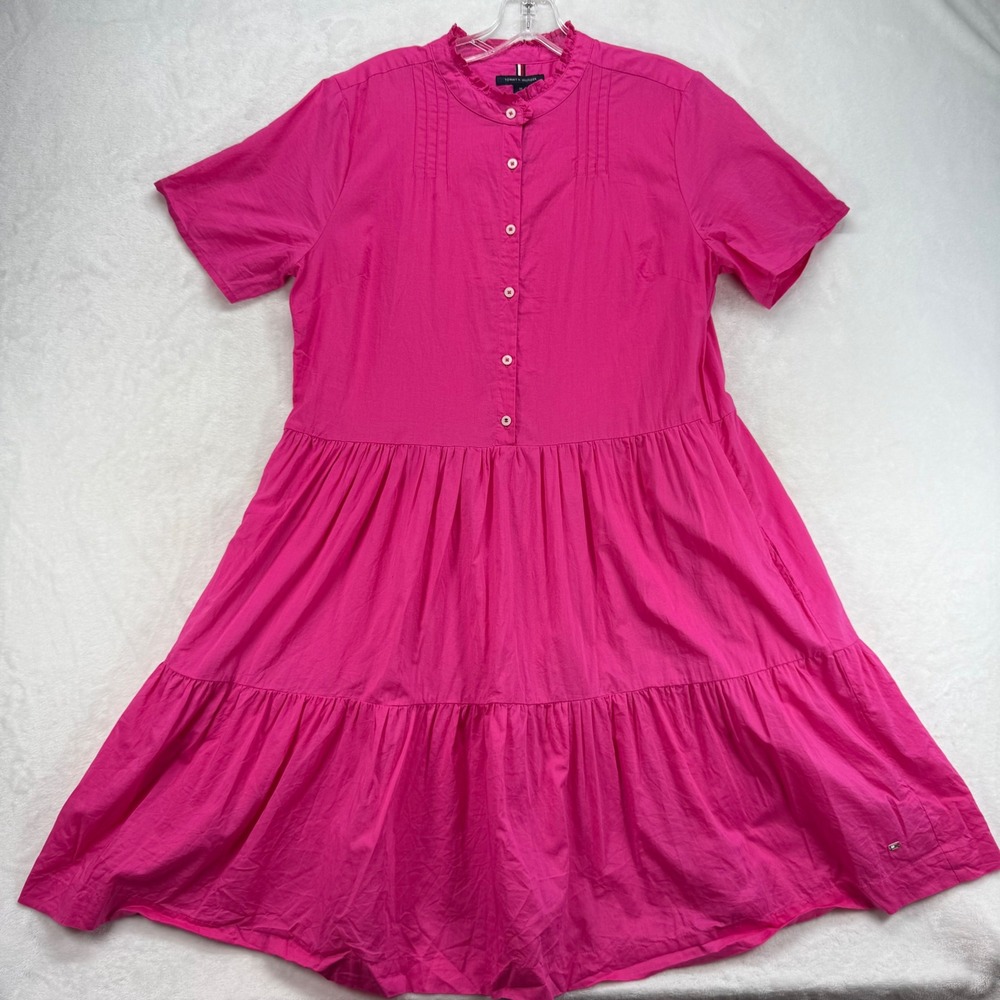 Tommy Hilfiger Tiered Dress Casual Cotton Short Sleeve Pink Size M